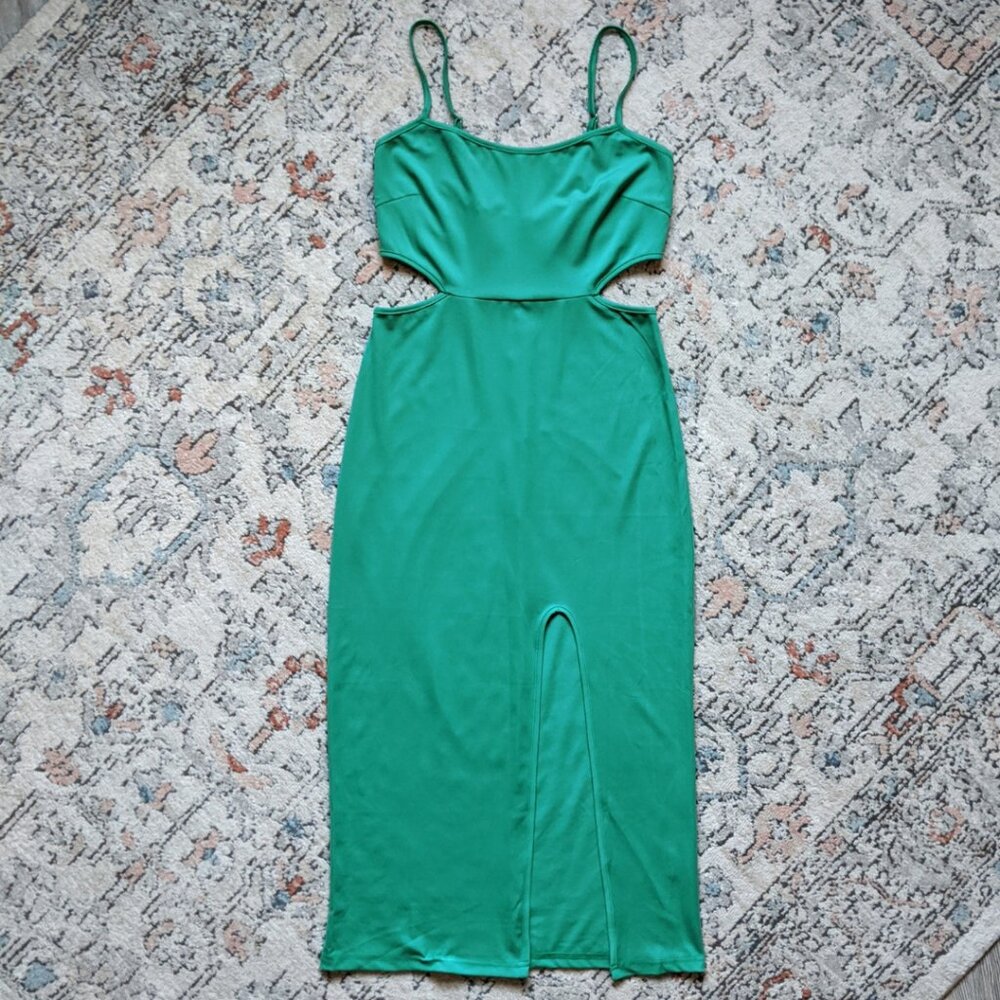 Green Midi Dress / Cutout Waist / Adjustable Spaghetti Strap / Size: S / Bodycon